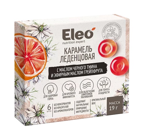 картинка Карамель леденцовая с черным тмином и эфирным маслом грейпфрута "Eleo", 6 шт от магазина Панацея в Красноярске